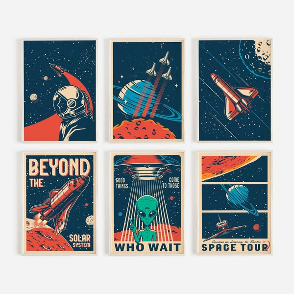 Retro Space Poster, Kids Space Themed Bedroom, Space Wall Art, Retro Space Prints, Space Travel Print, Space Illustration, Alien Poster