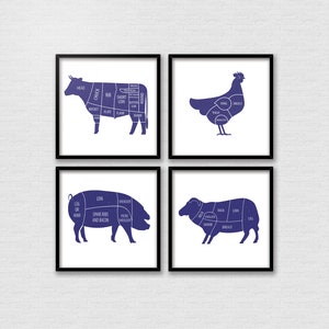 May include: Four black framed prints with white backgrounds and blue illustrations of a cow, chicken, pig, and sheep, each labeled with different cuts of meat.