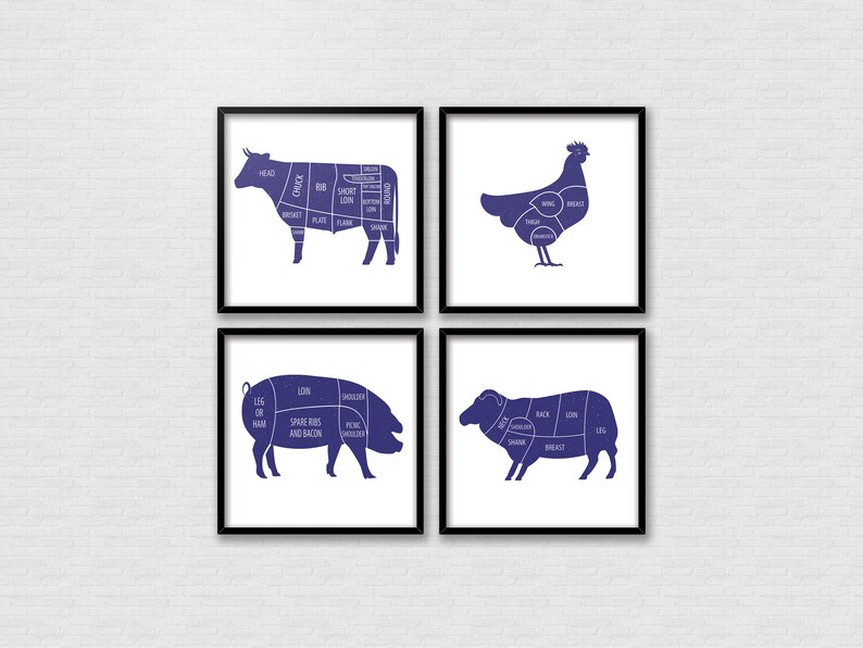 May include: Four black framed prints with white backgrounds and blue illustrations of a cow, chicken, pig, and sheep, each labeled with different cuts of meat.