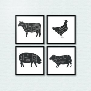 May include: Four black and white illustrations of different animals, showing the cuts of meat. The animals are a cow, a chicken, a pig, and a sheep.