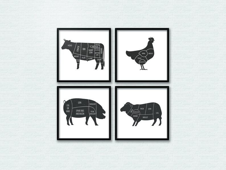 May include: Four black and white illustrations of different animals, showing the cuts of meat. The animals are a cow, a chicken, a pig, and a sheep.