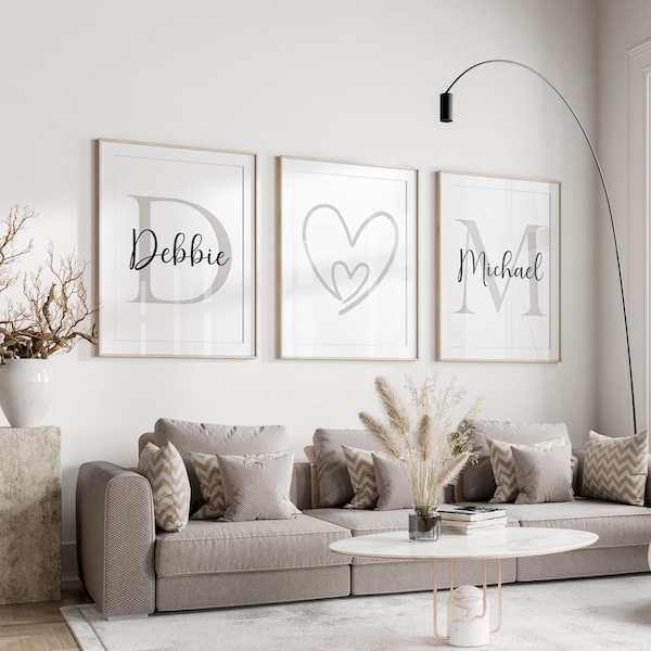 Personalized Couple Wall Art Set: Custom Names & Initials, Romantic Bedroom Decor