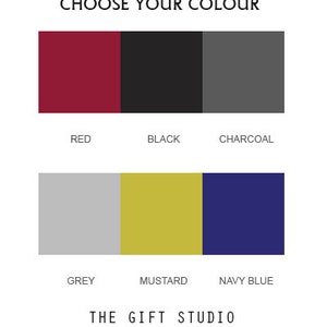 May include: Color chart with six color swatches. The colors are red, black, charcoal, grey, mustard, and navy blue.