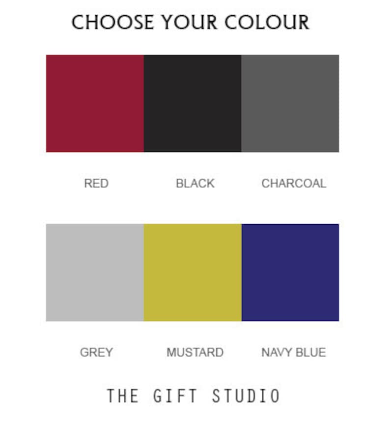 May include: Color chart with six color swatches. The colors are red, black, charcoal, grey, mustard, and navy blue.