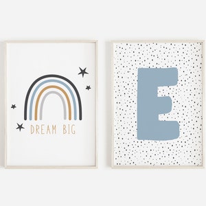 Dream Big Personalised Initial Print Set Of 2, Boys Nursery Wall Art, Nursery Decor, Baby Shower Gift, Boys Bedroom Prints, Nursery Prints