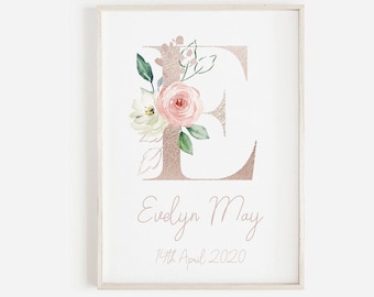 Personalized Rose Gold Floral Initial Print: Baby Girl Nursery Decor