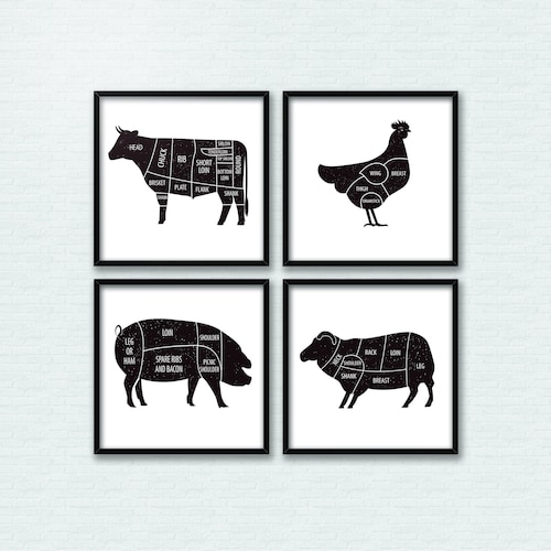 Butcher Prints Set of 4 Butchers Prints Meat Cuts Kitchen Etsy
