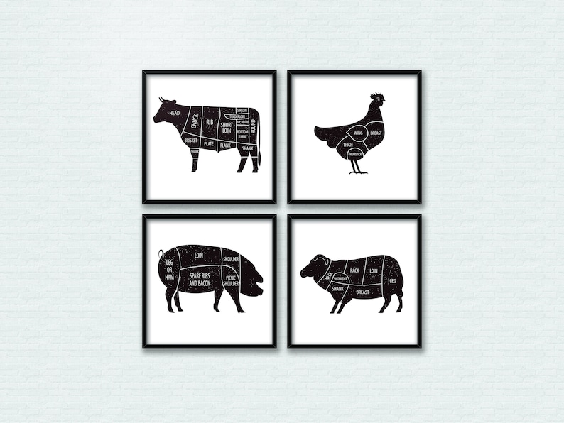 May include: Four black and white illustrations of different animals, each with labeled cuts of meat. The animals are a cow, a chicken, a pig, and a sheep.