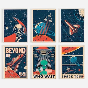 Retro Space Poster, Kids Space Themed Bedroom, Space Wall Art, Retro Space Prints, Space Travel Print, Space Illustration, Alien Poster