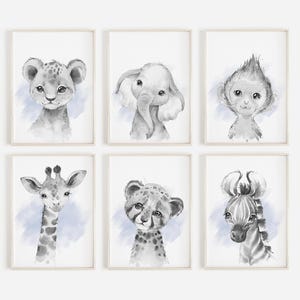 Safari Animal Prints Boys Nursery Set,Black & White With Blue Watercolour Splash,Safari Nursery Decor,Animal Nursery Prints,Nursery Wall Art