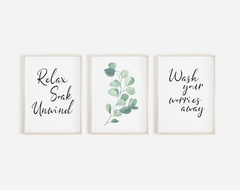 Bathroom Prints Set: Watercolor Eucalyptus, Relax Soak Unwind