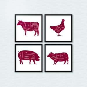 May include: Four black framed prints with white backgrounds and red illustrations of a cow, chicken, pig, and sheep, each labeled with different cuts of meat.