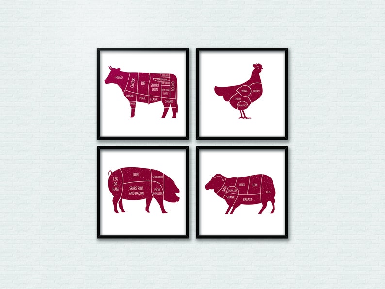 May include: Four black framed prints with white backgrounds and red illustrations of a cow, chicken, pig, and sheep, each labeled with different cuts of meat.