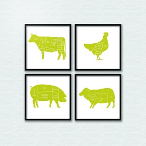 May include: Four black framed prints with white backgrounds and green silhouettes of a cow, chicken, pig, and sheep. Each animal is labeled with the different cuts of meat.