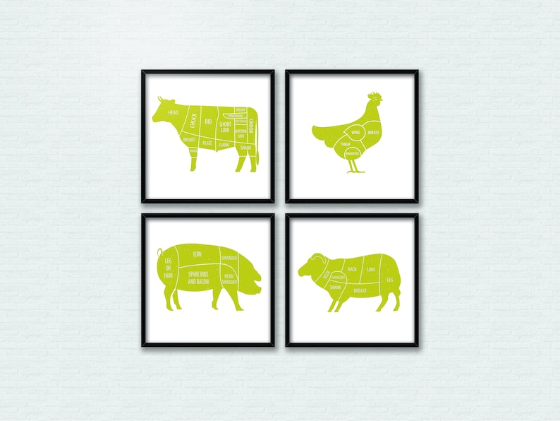 May include: Four black framed prints with white backgrounds and green silhouettes of a cow, chicken, pig, and sheep. Each animal is labeled with the different cuts of meat.