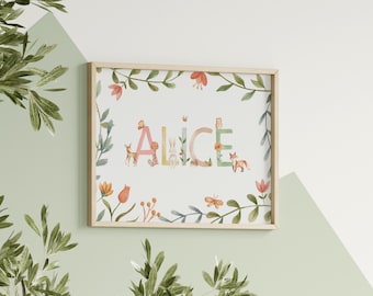 Personalised Name Print, New Baby Name Art, Nursery Decor, Baby Shower Gift, Nursery Wall Art,  Woodland Name Print, Custom Name Art