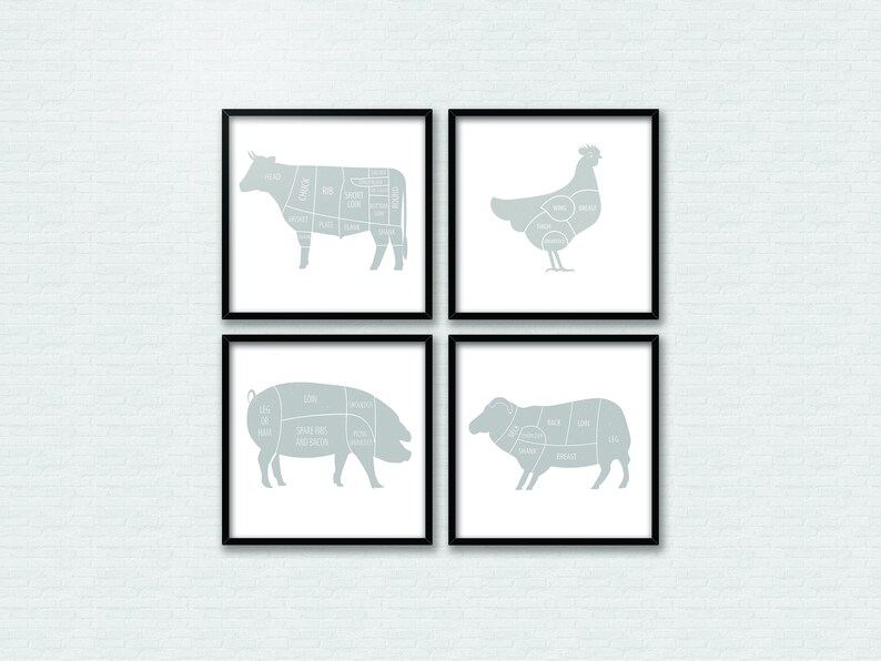 May include: Four framed illustrations of different animals, each showing the different cuts of meat. The illustrations are in a light blue color and are set against a white brick wall background.