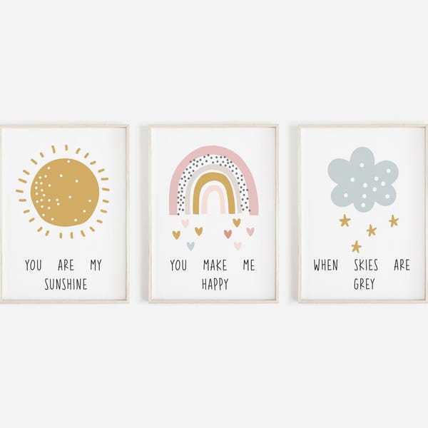 Rainbow Sunshine Nursery Prints: Set of 3 Boho Kids Prints