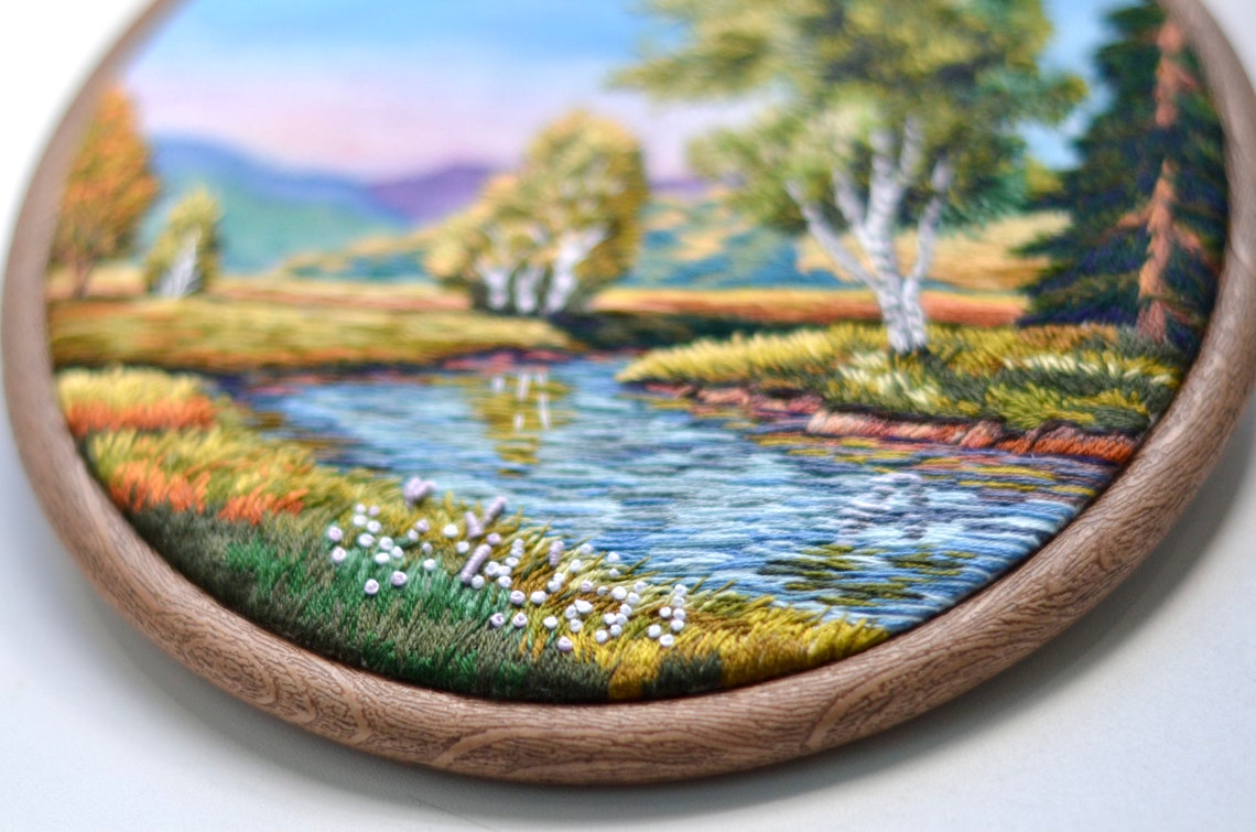 Embroidery landscape art original artwork thread painting hand  etsy