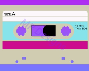 May include: A vintage audio cassette tape with a beige case, a blue and purple tape, and the text "SIDE: A" and "45 MIN: THIS SIDE".