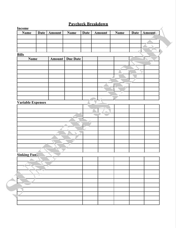 Paycheck Breakdown Printable | Etsy