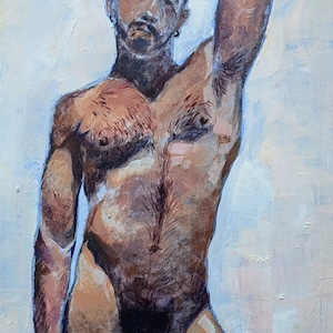 May include: Oil painting of a nude figure with a light skin tone. The figure is standing with one arm raised above the head. The painting has a textured, brushstroke style with a light blue background.