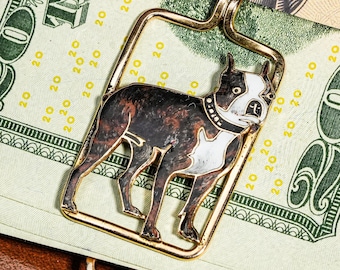 Amazing Hand Painted Enamel Boston Terrier Dog 14k Gold Antique Art Deco Money Cash Clip Luxury Estate Jewelry