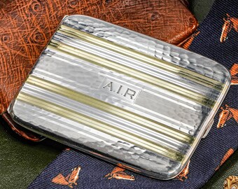 Luxury Hammered Antique Art Deco 14k Gold Stripe Sterling Silver Card Cigarette Case