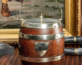 Charming Antique English Silverplate Dark Oak Biscuit Jar with Porcelain Lining Shield Home Decor
