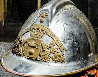 Fascinating Antique French France Fireman's Helmet Decorative Silver Tone Metal with Bronze Crest Home Decor
