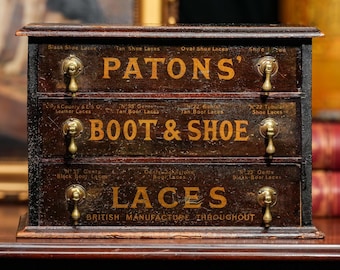 Rare Antique Wood Paton&#39;s  Boot and Shoe Laces Advertising Drawer Cabinet Storage Sewing Crafts Rustic Home Decor