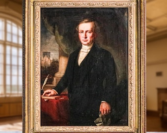 Stately English School Antique Framed Formal Portrait of Man Oil Painting Art Home Wall Decor
