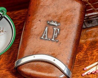 Exceptional Quality Antique Sterling Silver Leather Coronet Crown Cigar Case Holder Tobacciana