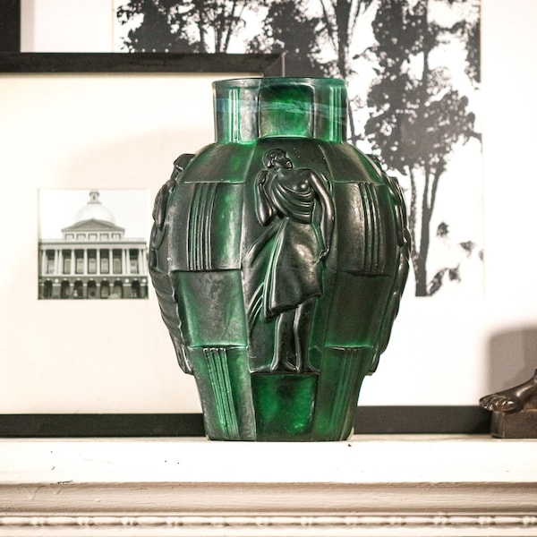 Stunning Art Deco Malachite Glass Figural Art Vase Curt Schlevogt Company Artur Pleva Ingrid