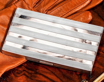 Exceptional Art Deco Engine Turned Antique 14k Gold Stripe Sterling Silver Cigarette Card Case