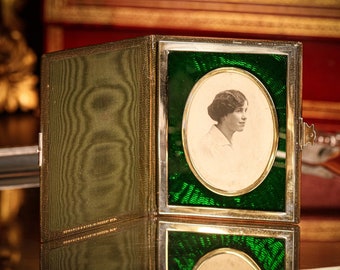 Exquisite Victorian English Sterling Silver Leather Picture Photo Frame with Faux Enamel Effect