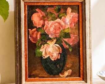 Charming Mid Century Framed Vintage Roses Flower Still Life Home Wall Decor