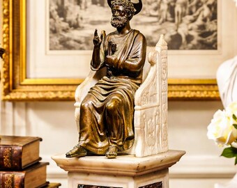 Exceptional Large Antique Grand Tour Bronze St. Peter Marble Statue Sculpture Home Decor