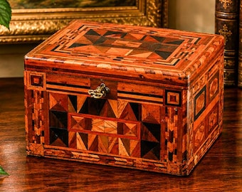 Impressive Large Inlaid Wood Pattern Antique Victorian 19th Century Box with Key Home Decor