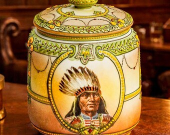 Rare Nippon Antique Hand Painted Native American Indian Chief Tobacco Humidor Porcelain Lidded Jar Tobacciana