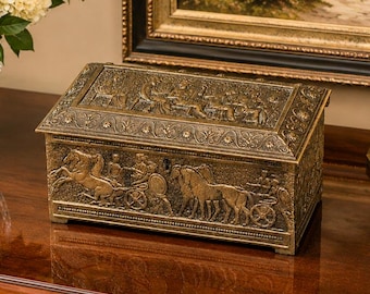 Figural Relief Neoclassical Heavy Metal Keepsake Antique Box Jewelry Casket Grand Tour Decor Style Home Decor