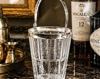 Brilliant English Vintage Crystal Ice Bucket Silverplate Rim Handle Luxury Barware Home Decor