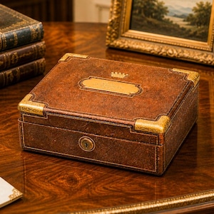 May include: A rectangular brown leather box with a textured finish, featuring gold-toned metal corner protectors and a central gold-toned plaque engraved with a crown icon. The box includes a circular keyhole on the front panel and a hinged lid.