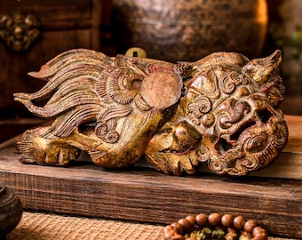 Placa de pared de león guardián chino antiguo tallado a mano, escultura de perro Foo dorado, decoración asiática para el hogar