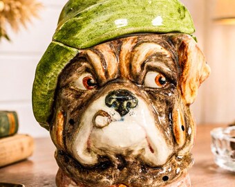 Wonderful Antique Bulldog Humidor Jar Ceramic Figural Tobacco Jar English Dog Head Lidded Jar Vintage Tobacciana Home Decor