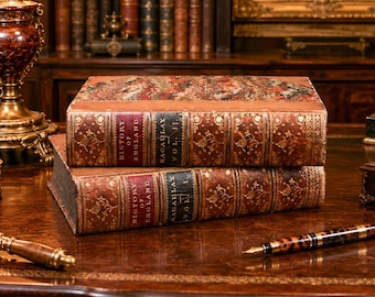 Lovely (2) Volume Leather Spine Antique Book Set 1871 History of England by Lord Macaulay Home Library Decor