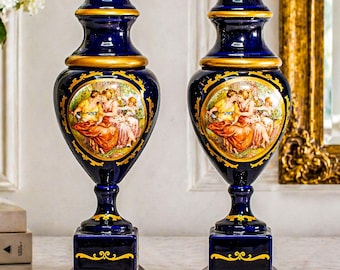 Ornate Decorative Pair Antique Italian Blue and Gold Hand Painted Urns Classical Scenes Mythology Home Decor