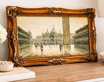 Preciosa escena veneciana, acuarela, pintura antigua, Basílica de San Marcos, Plaza, marco ornamentado, arte, decoración de pared del Gran Tour europeo