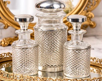 Impresionante juego de tocador de 3 piezas con frasco de cristal antiguo de plata esterlina para decoración del hogar
