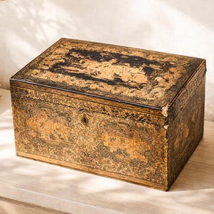 Incredible Large Antique Chinoiserie Asian Lacquer Tea Caddy Box Home Decor